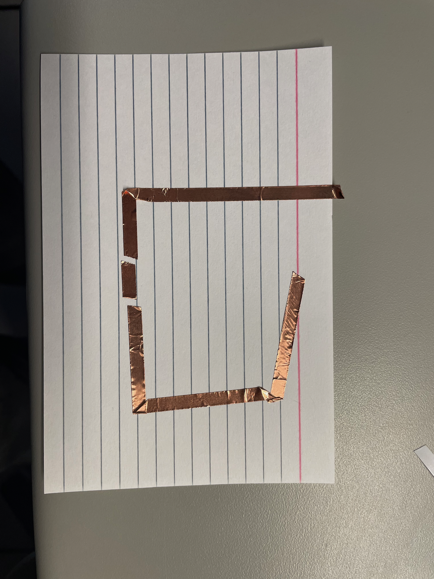 My second circuit has two breaks in order to fit in 2 LED light bulbs. When laying the tape 
                  I exsperimented with folding the tape over its self to avoid having to do the extra taping and 
                  to use less materials. But I did not know if it worked until after I finished it, I was 
                  worried because it would waste so much time if it didn not.